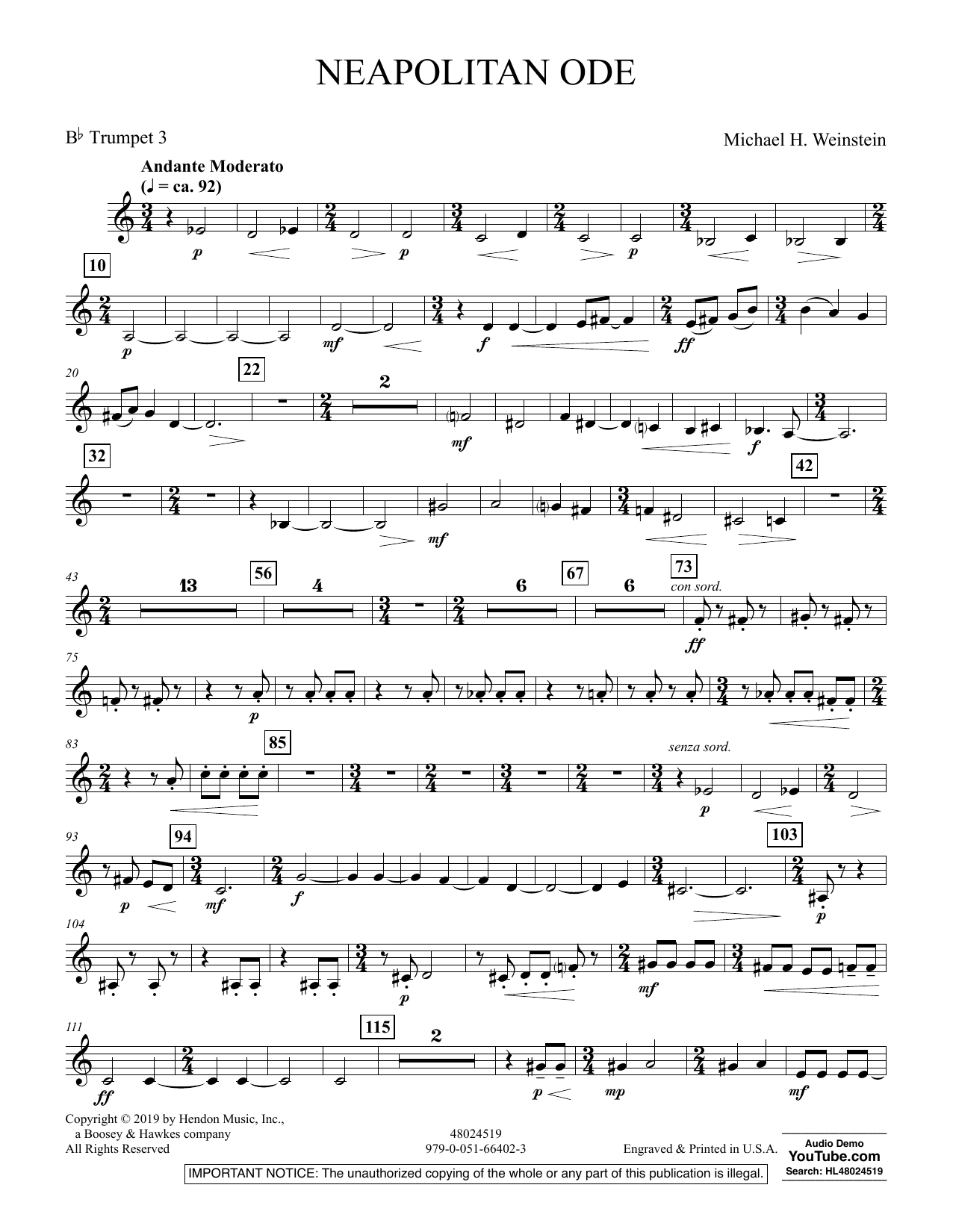 Michael H. Weinstein Neapolitan Ode - Bb Trumpet 3 sheet music preview music notes and score for Concert Band including 2 page(s)