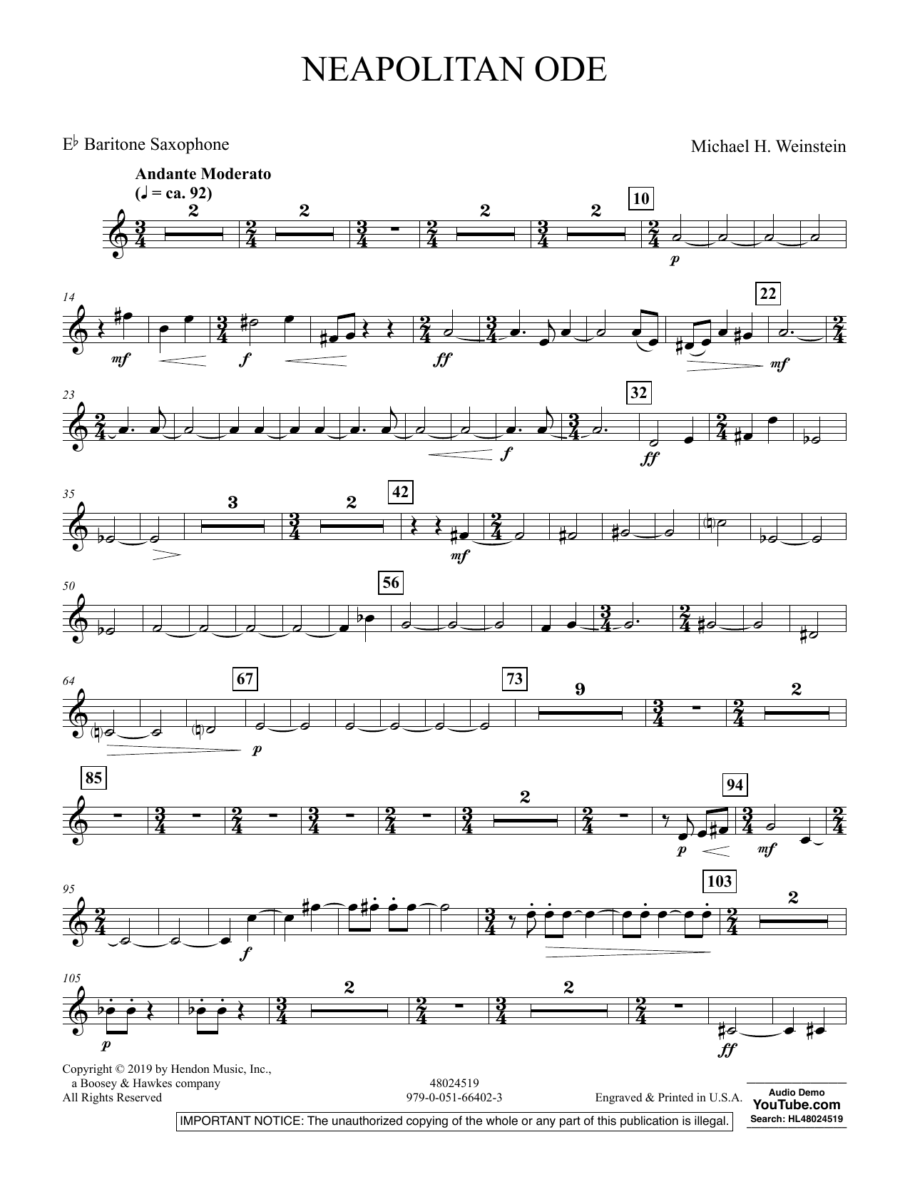 Michael H. Weinstein Neapolitan Ode - Eb Baritone Saxophone sheet music preview music notes and score for Concert Band including 2 page(s)
