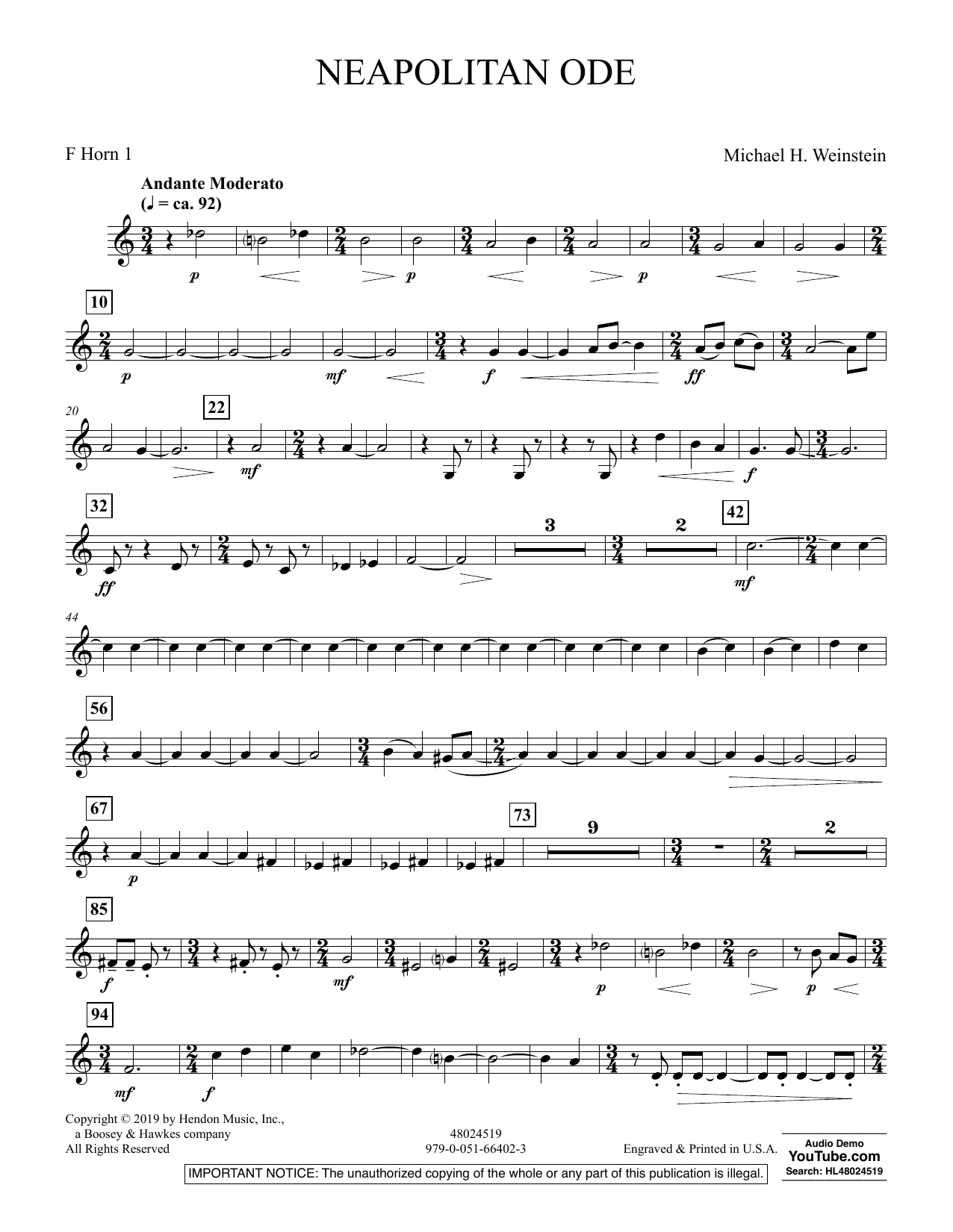 Learn to play Michael H. Weinstein Neapolitan Ode - F Horn 1 sheet music for Concert Band in minutes. Michael H. Weinstein Neapolitan Ode - F Horn 1 sheet music preview music notes and score for Concert Band including 2 page(s)