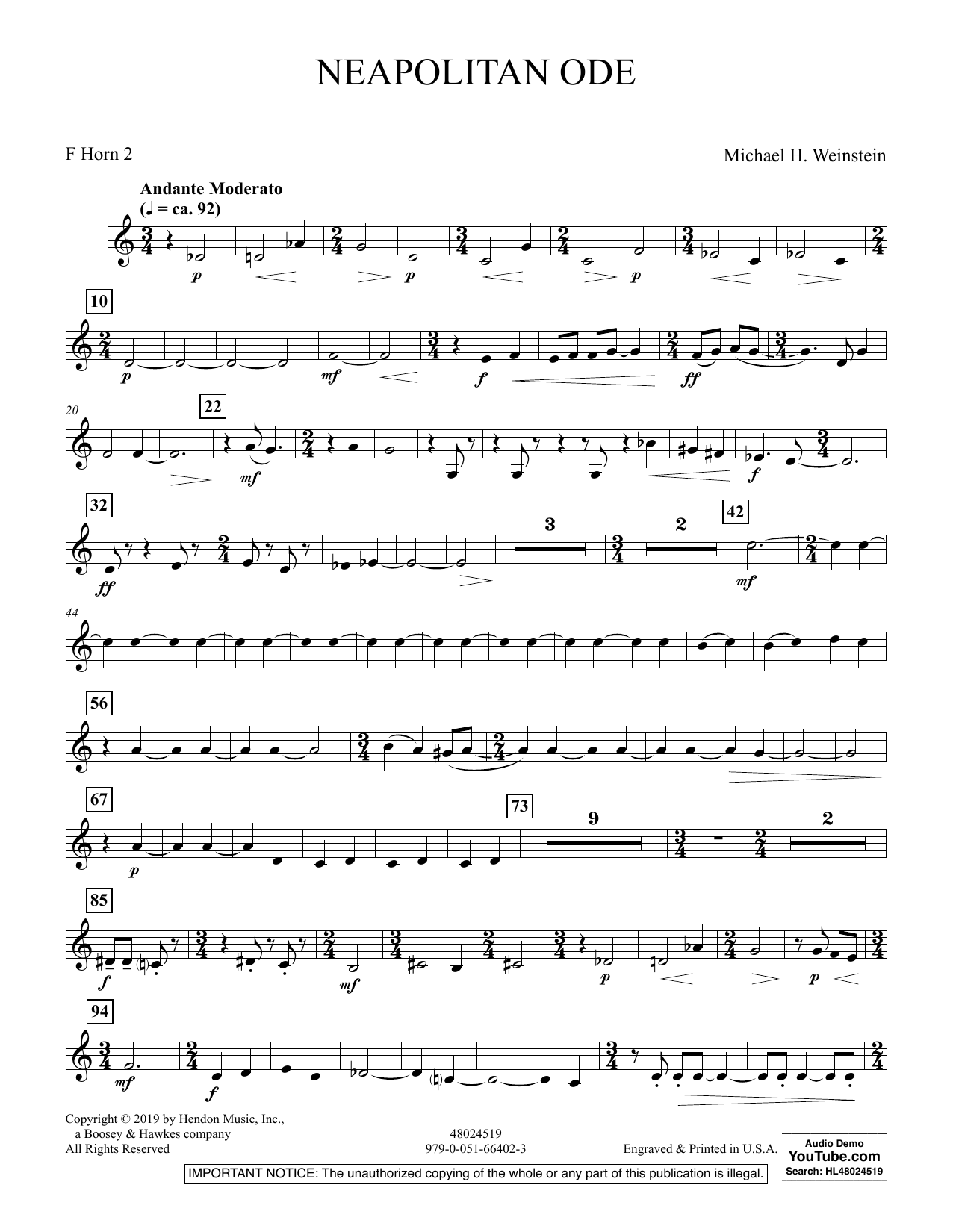 Michael H. Weinstein Neapolitan Ode - F Horn 2 sheet music preview music notes and score for Concert Band including 2 page(s)