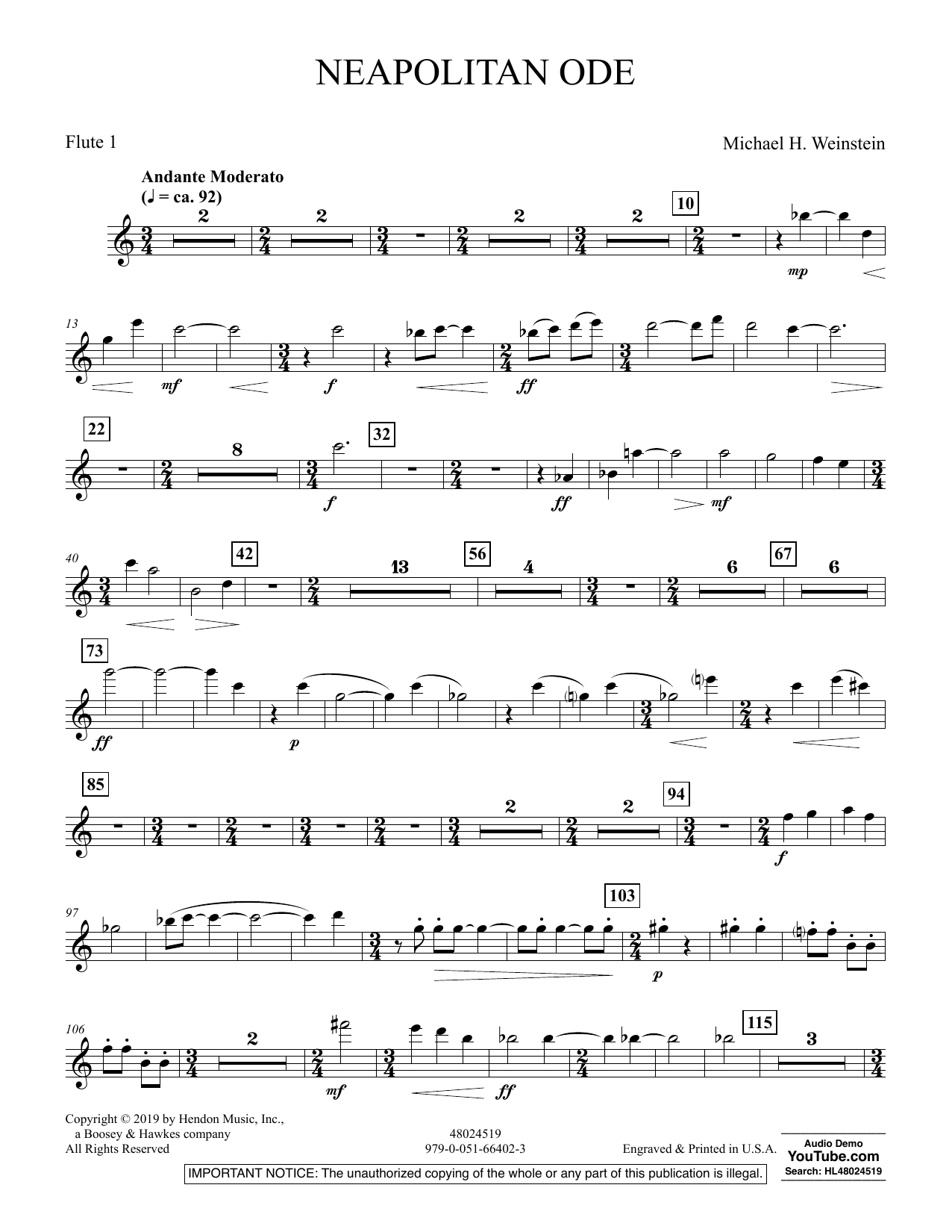 Michael H. Weinstein Neapolitan Ode - Flute 1 sheet music preview music notes and score for Concert Band including 2 page(s)