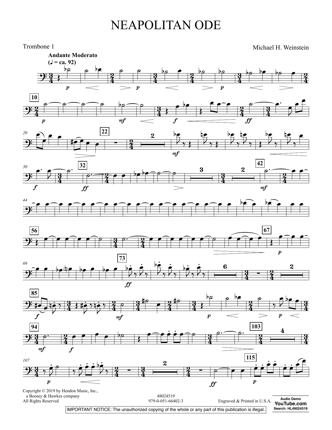 Michael H. Weinstein Neapolitan Ode - Trombone 1 sheet music preview music notes and score for Concert Band including 2 page(s)