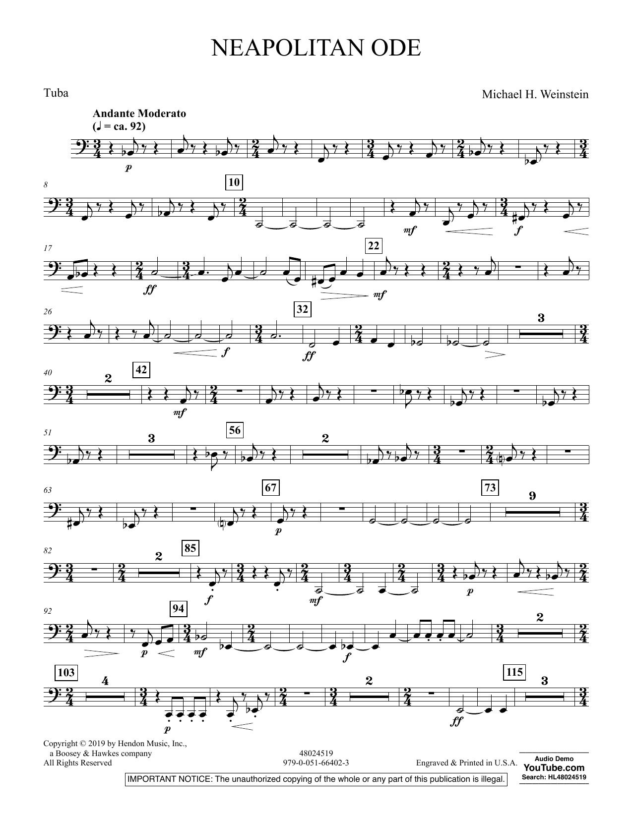 Learn to play Michael H. Weinstein Neapolitan Ode - Tuba sheet music for Concert Band in minutes. Michael H. Weinstein Neapolitan Ode - Tuba sheet music preview music notes and score for Concert Band including 2 page(s)