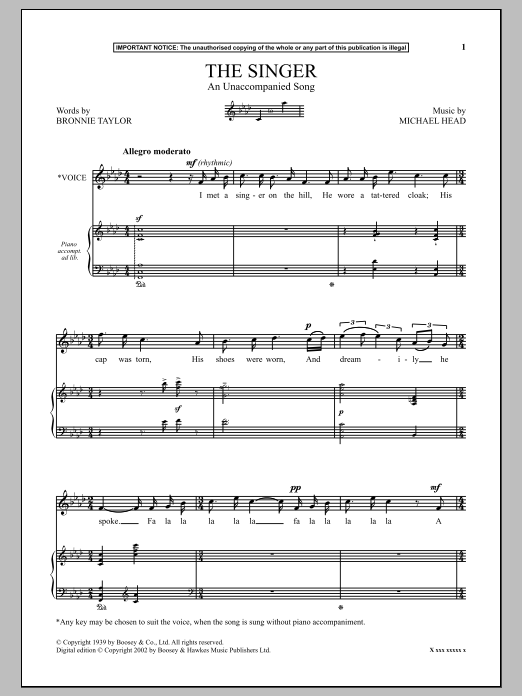 Learn to play Michael Head The Singer (An Unaccompanied Song) sheet music for Piano in minutes. Michael Head The Singer (An Unaccompanied Song) sheet music notes and chords