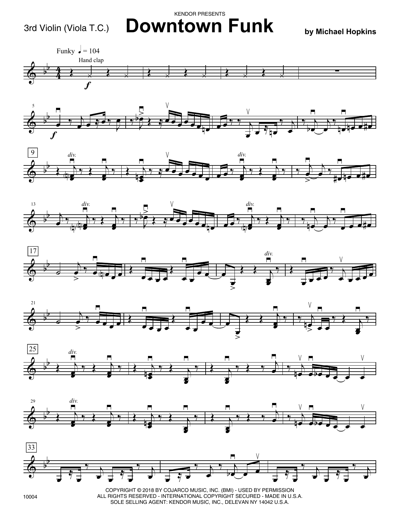 Learn to play Michael Hopkins Downtown Funk - Violin 3 (Viola T.C.) sheet music for Orchestra in minutes. Michael Hopkins Downtown Funk - Violin 3 (Viola T.C.) sheet music preview music notes and score for Orchestra including 3 page(s)