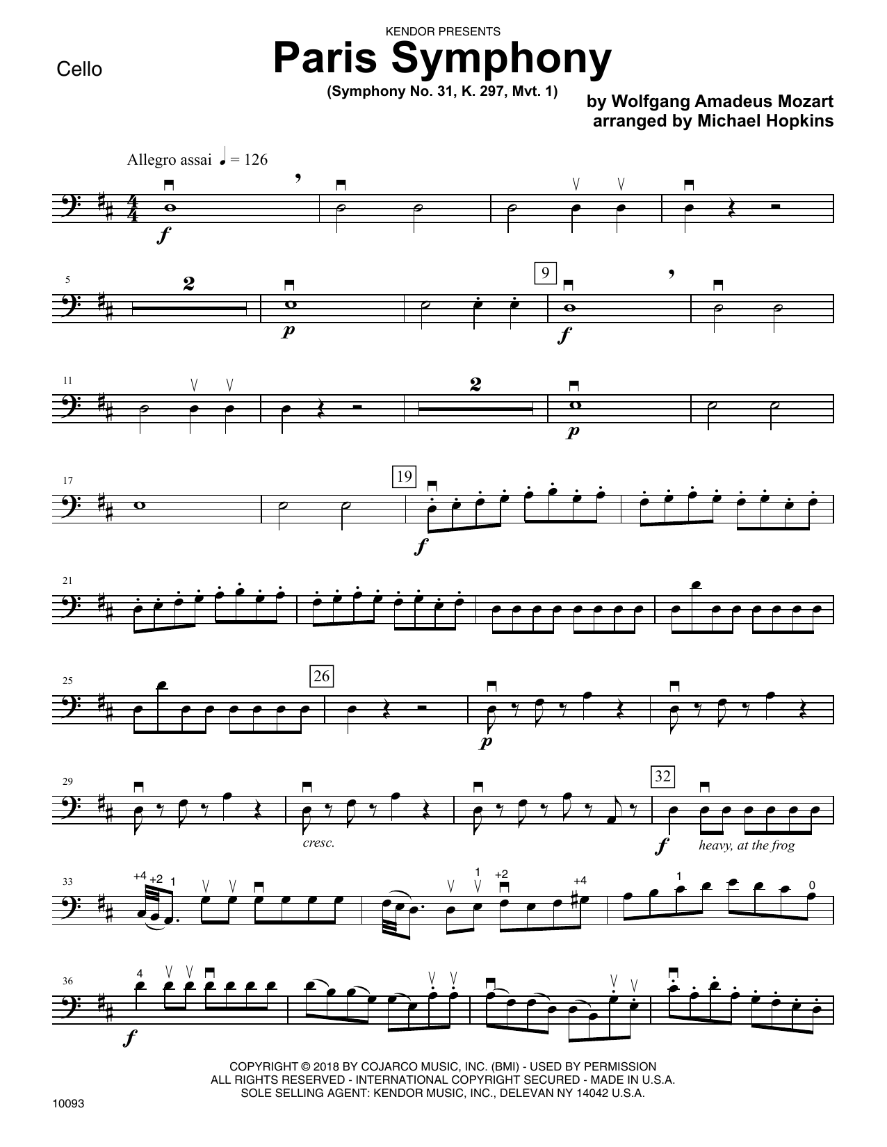 Michael Hopkins Paris Symphony (Symphony No. 31, K. 297, Mvt. 1) - Cello sheet music preview music notes and score for Orchestra including 4 page(s)
