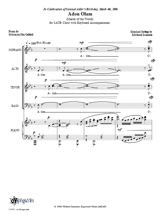 Learn to play Michael Isaacson Adon Olam sheet music for SATB in minutes. Michael Isaacson Adon Olam sheet music preview music notes and score for SATB including 11 page(s)