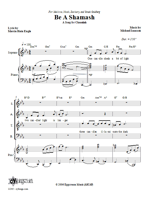 Learn to play Michael Isaacson Be a Shamash sheet music for SATB in minutes. Michael Isaacson Be a Shamash sheet music preview music notes and score for SATB including 8 page(s)