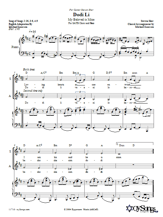 Learn to play Michael Isaacson Dodi Li sheet music for SATB in minutes. Michael Isaacson Dodi Li sheet music preview music notes and score for SATB including 8 page(s)