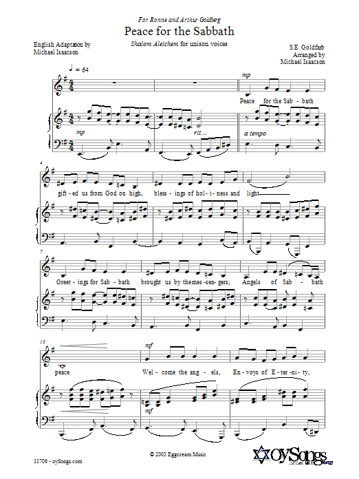 Learn to play Michael Isaacson Peace for the Sabbath sheet music for Piano in minutes. Michael Isaacson Peace for the Sabbath sheet music preview music notes and score for Piano including 4 page(s)