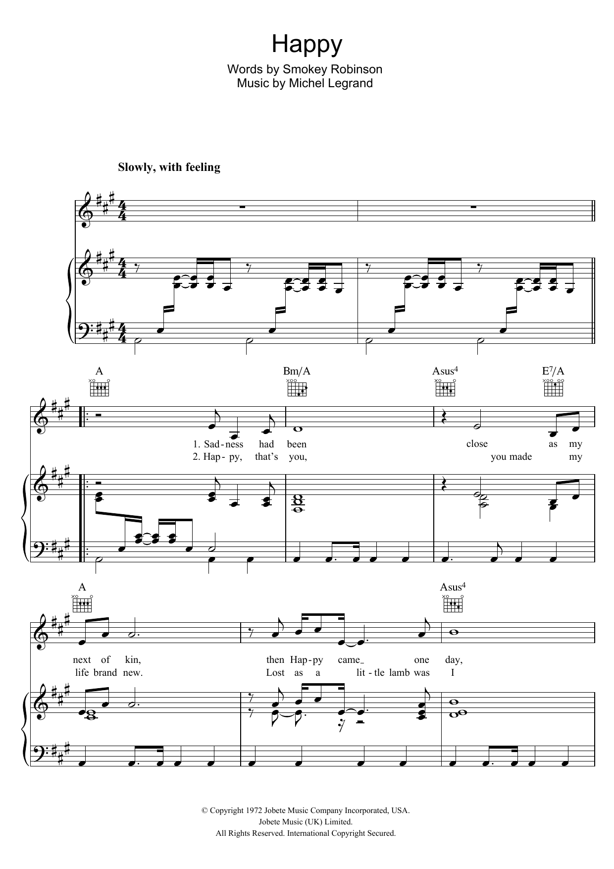 Michael Jackson Happy sheet music preview music notes and score for Piano, Vocal & Guitar (Right-Hand Melody) including 4 page(s)