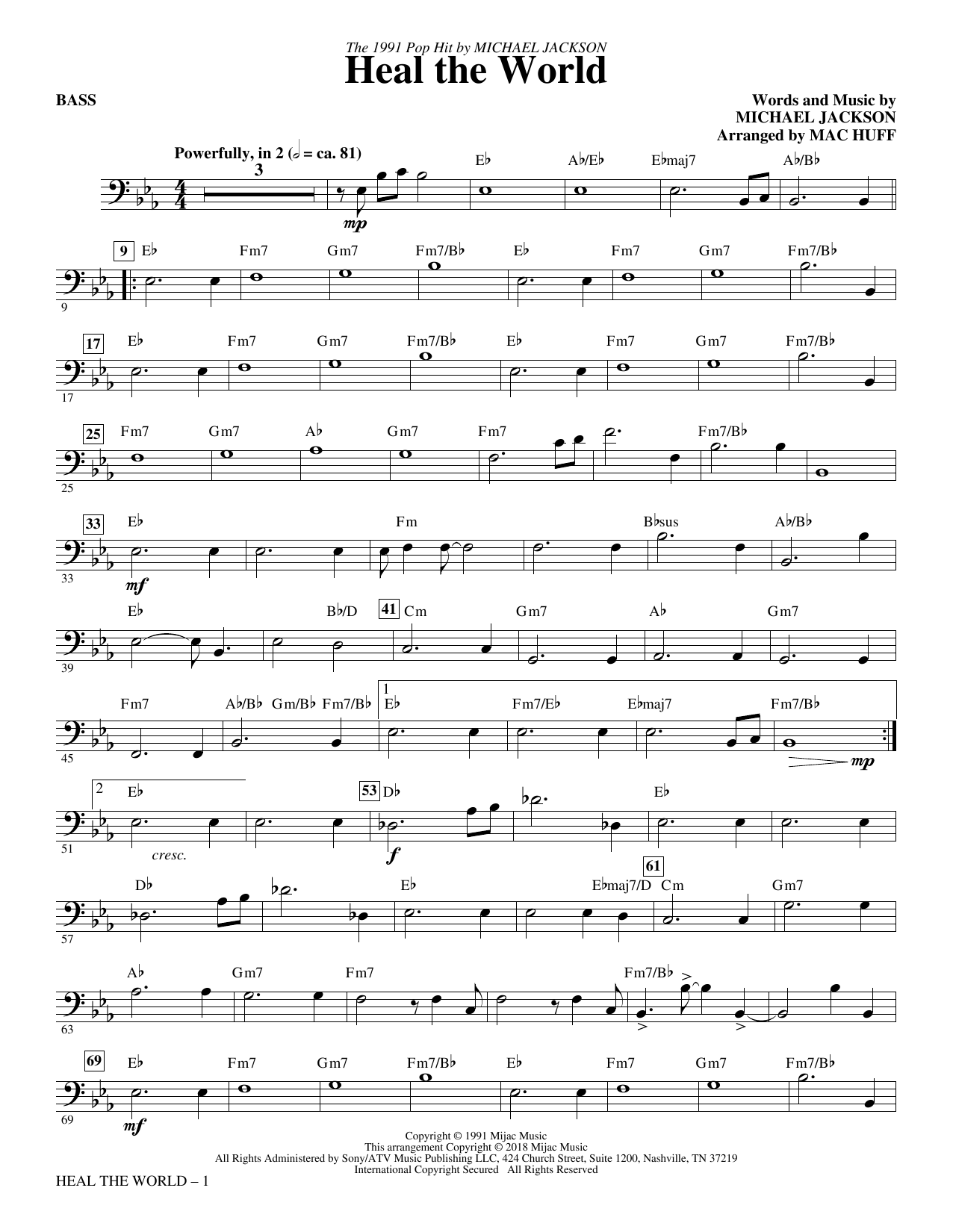Michael Jackson Heal The World Arr Mac Huff Bass Sheet Music Download Printable Pdf Music Notes Score Chords