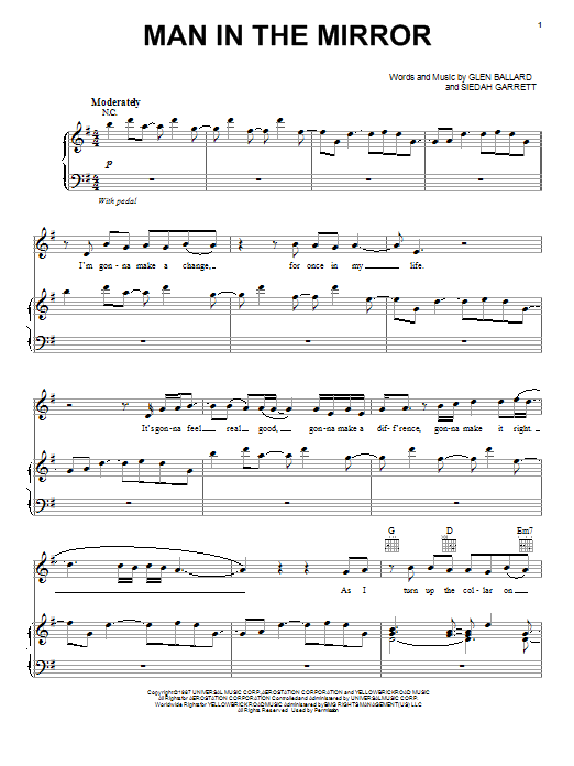 Michael Jackson Man In The Mirror sheet music preview music notes and score for Piano, Vocal & Guitar (Right-Hand Melody) including 11 page(s)