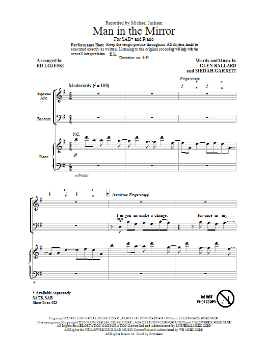 Learn to play Michael Jackson Man In The Mirror (arr. Ed Lojeski) sheet music for 2-Part Choir in minutes. Michael Jackson Man In The Mirror (arr. Ed Lojeski) sheet music preview music notes and score for 2-Part Choir including 14 page(s)