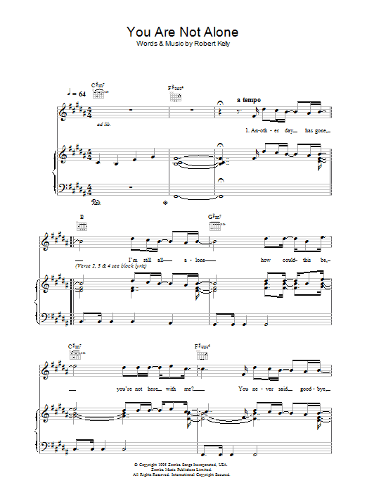 Michael Jackson You Are Not Alone sheet music preview music notes and score for Piano, Vocal & Guitar (Right-Hand Melody) including 7 page(s)