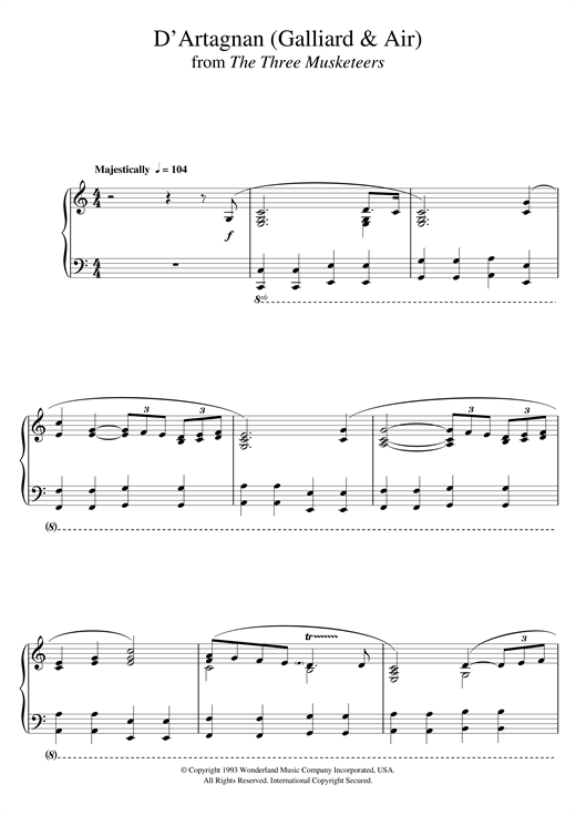 Learn to play Michael Kamen The Three Musketeers (D'Artagnan (Galliard & Air)) sheet music for Piano in minutes. Michael Kamen The Three Musketeers (D'Artagnan (Galliard & Air)) sheet music notes and chords