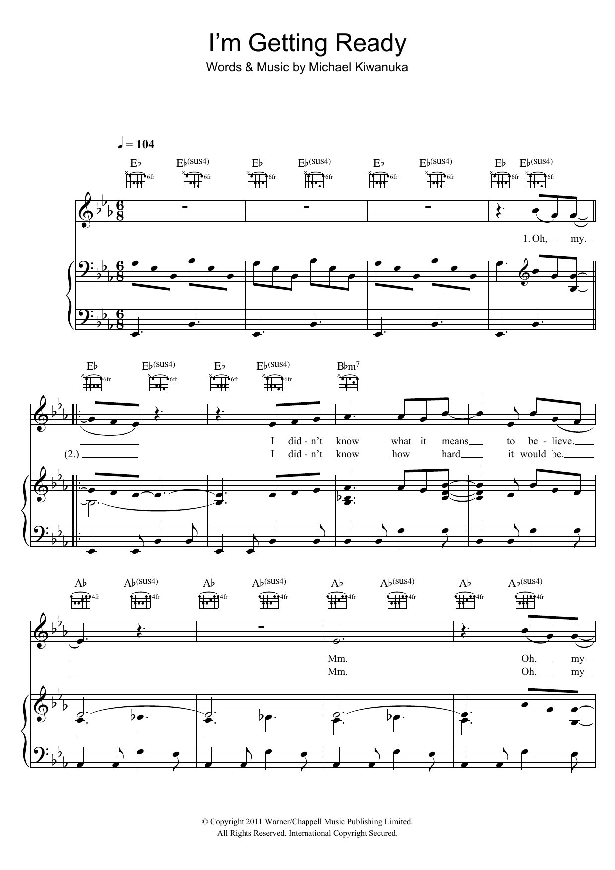 Michael Kiwanuka I'm Getting Ready sheet music preview music notes and score for Piano, Vocal & Guitar (Right-Hand Melody) including 5 page(s)