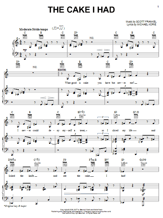 Learn to play Michael Korie The Cake I Had sheet music for Piano, Vocal & Guitar (Right-Hand Melody) in minutes. Michael Korie The Cake I Had sheet music preview music notes and score for Piano, Vocal & Guitar (Right-Hand Melody) including 7 page(s)