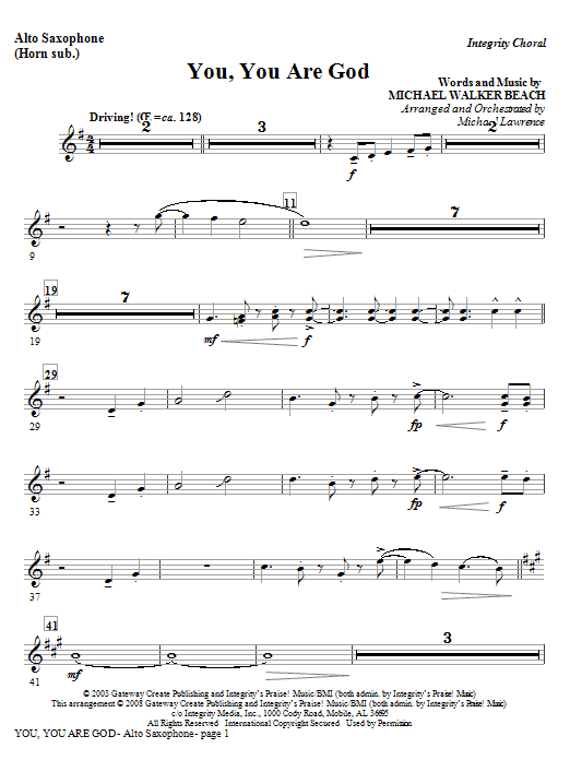 Learn to play Michael Lawrence You, You Are God - Alto Sax 1 & 2 (Sub. Horn) sheet music for Choir Instrumental Pak in minutes. Michael Lawrence You, You Are God - Alto Sax 1 & 2 (Sub. Horn) sheet music preview music notes and score for Choir Instrumental Pak including 2 page(s)