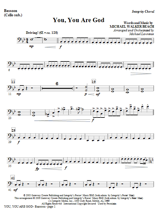 Learn to play Michael Lawrence You, You Are God - Bassoon (sub. Cello) sheet music for Choir Instrumental Pak in minutes. Michael Lawrence You, You Are God - Bassoon (sub. Cello) sheet music preview music notes and score for Choir Instrumental Pak including 2 page(s)