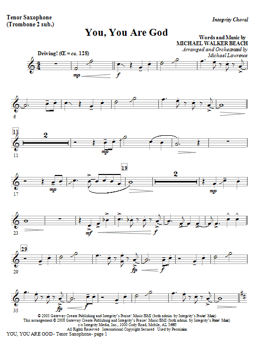 Learn to play Michael Lawrence You, You Are God - Bb Tenor Sax/Bar. TC (Trb 1,2) sheet music for Choir Instrumental Pak in minutes. Michael Lawrence You, You Are God - Bb Tenor Sax/Bar. TC (Trb 1,2) sheet music preview music notes and score for Choir Instrumental Pak including 2 page(s)