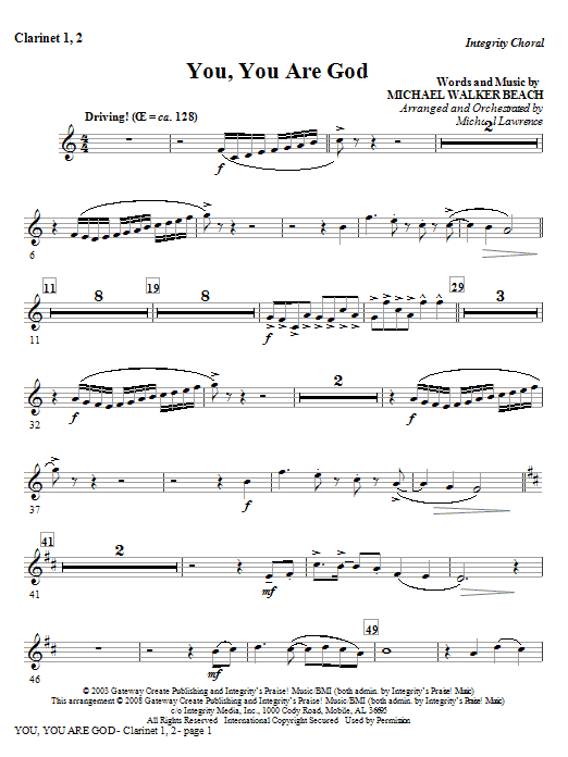 Learn to play Michael Lawrence You, You Are God - Clarinet 1 & 2 sheet music for Choir Instrumental Pak in minutes. Michael Lawrence You, You Are God - Clarinet 1 & 2 sheet music preview music notes and score for Choir Instrumental Pak including 2 page(s)