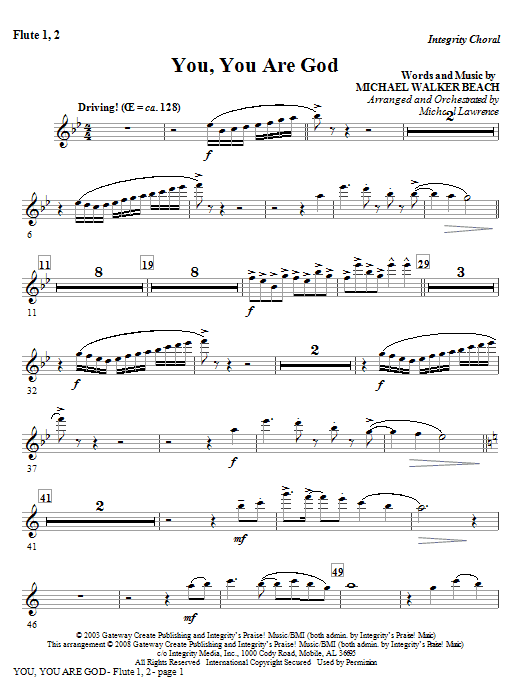 Learn to play Michael Lawrence You, You Are God - Flute 1 & 2 sheet music for Choir Instrumental Pak in minutes. Michael Lawrence You, You Are God - Flute 1 & 2 sheet music preview music notes and score for Choir Instrumental Pak including 2 page(s)