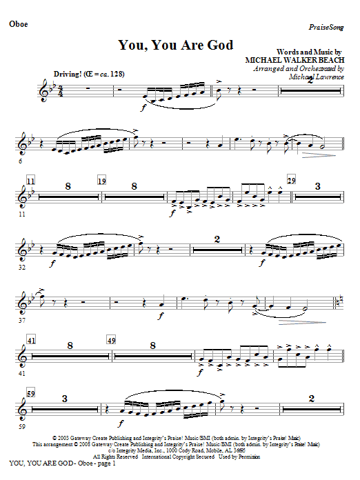Learn to play Michael Lawrence You, You Are God - Oboe sheet music for Choir Instrumental Pak in minutes. Michael Lawrence You, You Are God - Oboe sheet music preview music notes and score for Choir Instrumental Pak including 2 page(s)