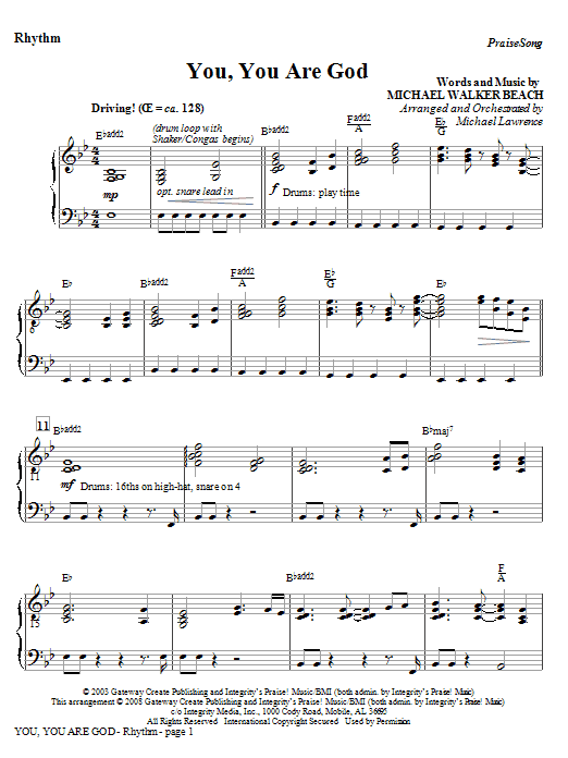 Learn to play Michael Lawrence You, You Are God - Rhythm sheet music for Choir Instrumental Pak in minutes. Michael Lawrence You, You Are God - Rhythm sheet music preview music notes and score for Choir Instrumental Pak including 4 page(s)