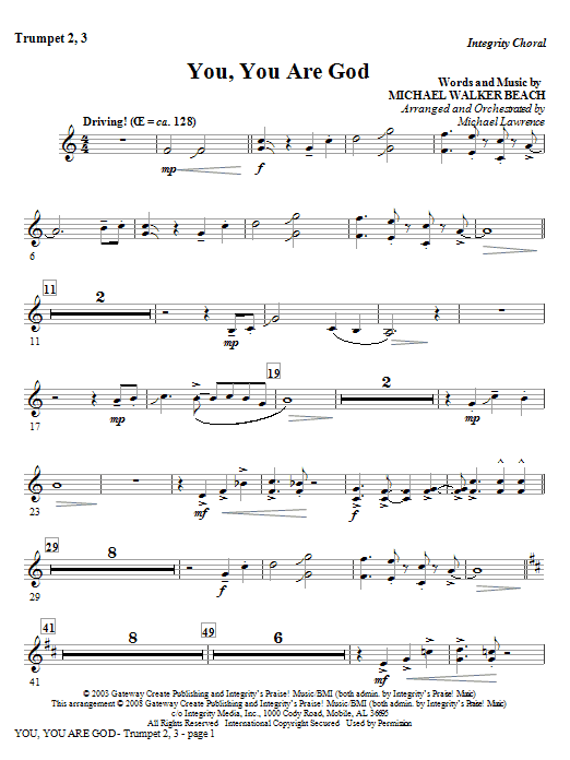 Learn to play Michael Lawrence You, You Are God - Trumpet 2 & 3 sheet music for Choir Instrumental Pak in minutes. Michael Lawrence You, You Are God - Trumpet 2 & 3 sheet music preview music notes and score for Choir Instrumental Pak including 2 page(s)