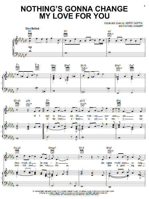 Learn to play Michael Masser Nothing's Gonna Change My Love For You sheet music for Piano, Vocal & Guitar (Right-Hand Melody) in minutes. Michael Masser Nothing's Gonna Change My Love For You sheet music preview music notes and score for Piano, Vocal & Guitar (Right-Hand Melody) including 6 page(s)