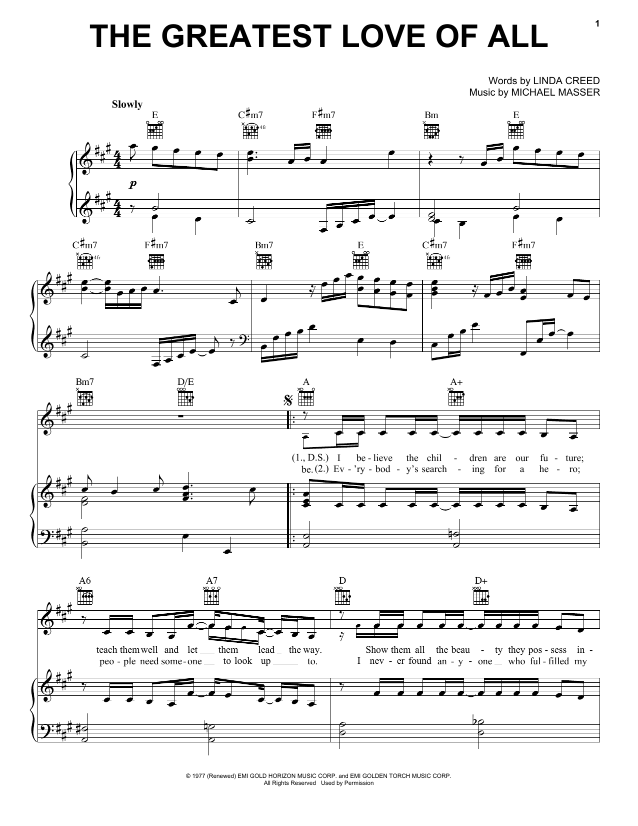 Learn to play Whitney Houston The Greatest Love Of All sheet music for Piano, Vocal & Guitar (Right-Hand Melody) in minutes. Whitney Houston The Greatest Love Of All sheet music preview music notes and score for Piano, Vocal & Guitar (Right-Hand Melody) including 4 page(s)