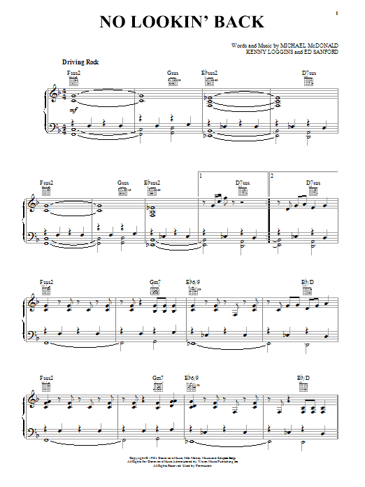 Learn to play Michael McDonald No Lookin' Back sheet music for Piano, Vocal & Guitar (Right-Hand Melody) in minutes. Michael McDonald No Lookin' Back sheet music preview music notes and score for Piano, Vocal & Guitar (Right-Hand Melody) including 8 page(s)