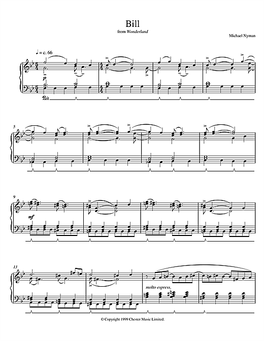 Learn to play Michael Nyman Bill (from Wonderland) sheet music for Piano in minutes. Michael Nyman Bill (from Wonderland) sheet music notes and chords