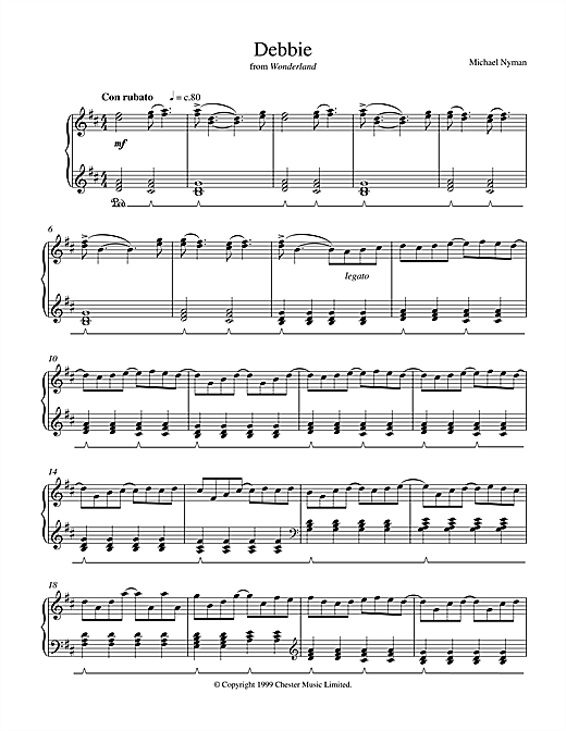 Learn to play Michael Nyman Debbie (from Wonderland) sheet music for Piano in minutes. Michael Nyman Debbie (from Wonderland) sheet music notes and chords