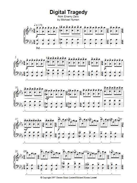 Michael Nyman Digital Tragedy (from Enemy Zero) sheet music preview music notes and score for Piano including 2 page(s)