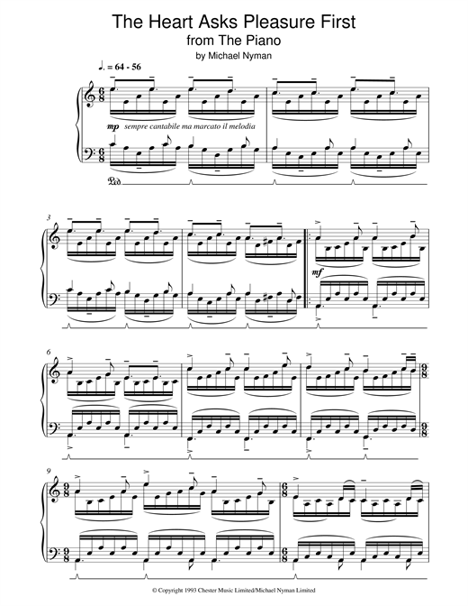 Learn to play Michael Nyman The Heart Asks Pleasure First: The Promise/The Sacrifice (from The Piano) sheet music for Piano in minutes. Michael Nyman The Heart Asks Pleasure First: The Promise/The Sacrifice (from The Piano) sheet music notes and chords