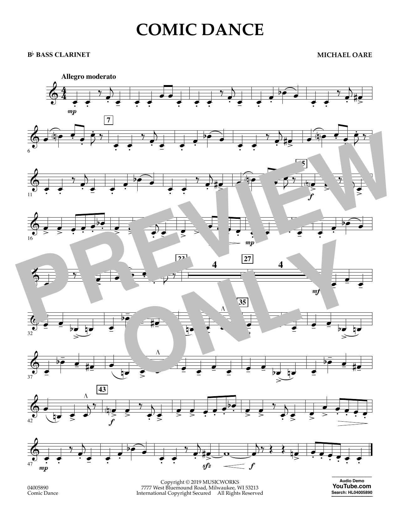 Learn to play Michael Oare Comic Dance - Bb Bass Clarinet sheet music for Concert Band in minutes. Michael Oare Comic Dance - Bb Bass Clarinet sheet music preview music notes and score for Concert Band including 1 page(s)