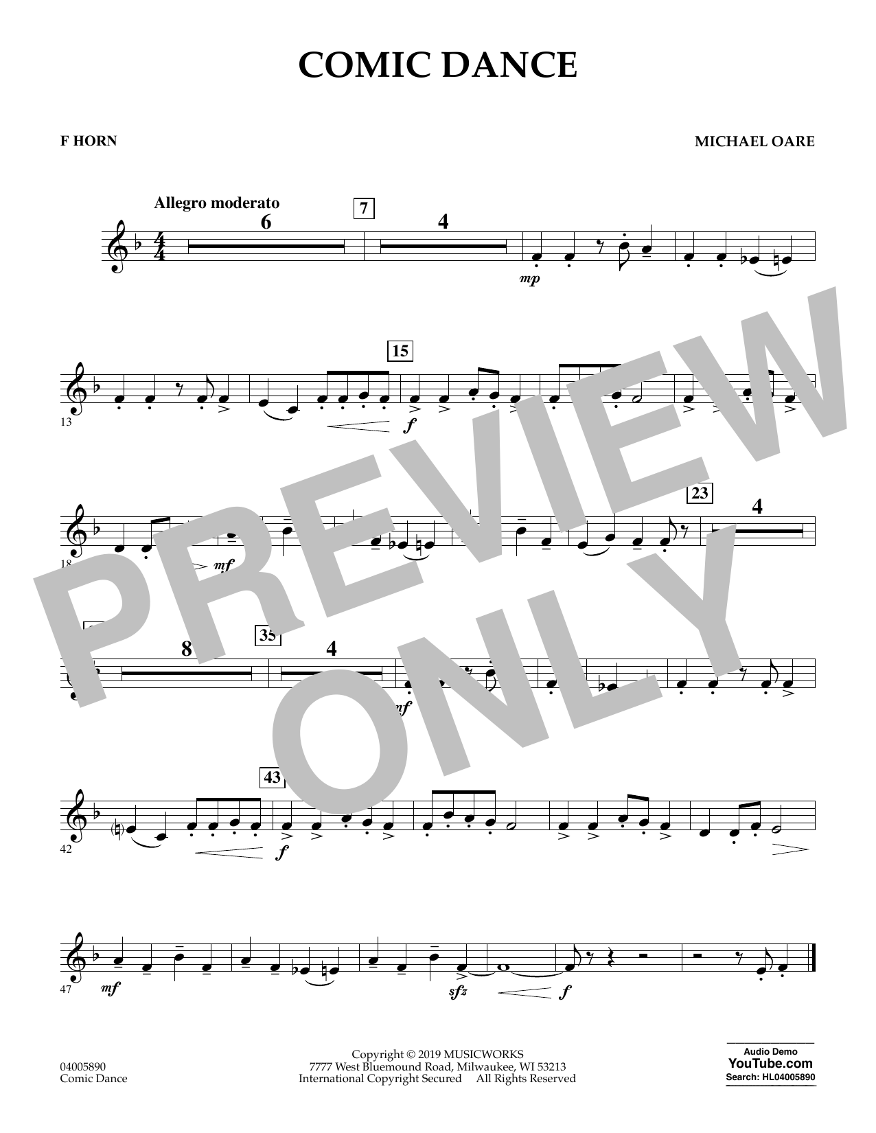 Learn to play Michael Oare Comic Dance - F Horn sheet music for Concert Band in minutes. Michael Oare Comic Dance - F Horn sheet music preview music notes and score for Concert Band including 1 page(s)
