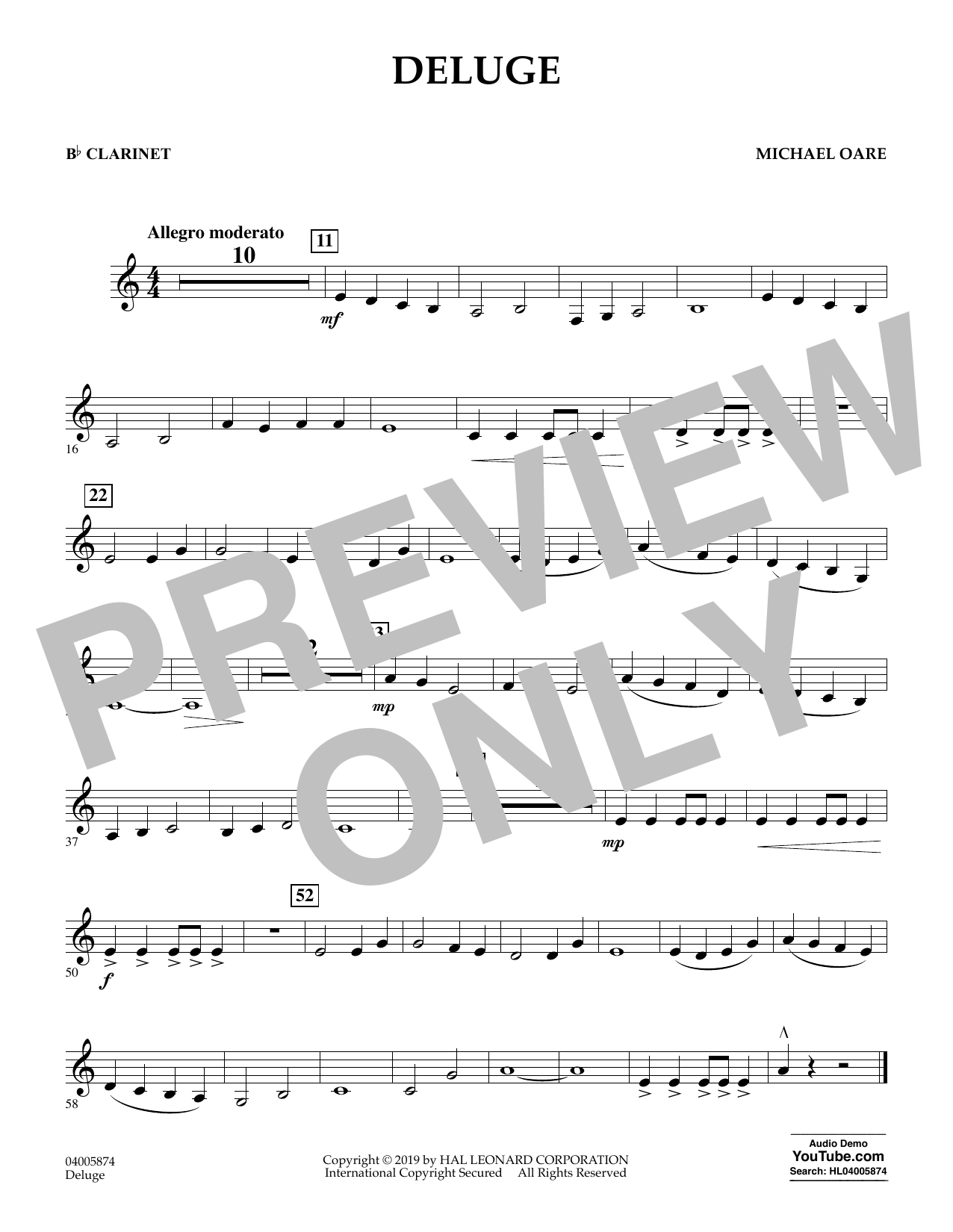 Learn to play Michael Oare Deluge - Bb Clarinet sheet music for Concert Band in minutes. Michael Oare Deluge - Bb Clarinet sheet music preview music notes and score for Concert Band including 1 page(s)