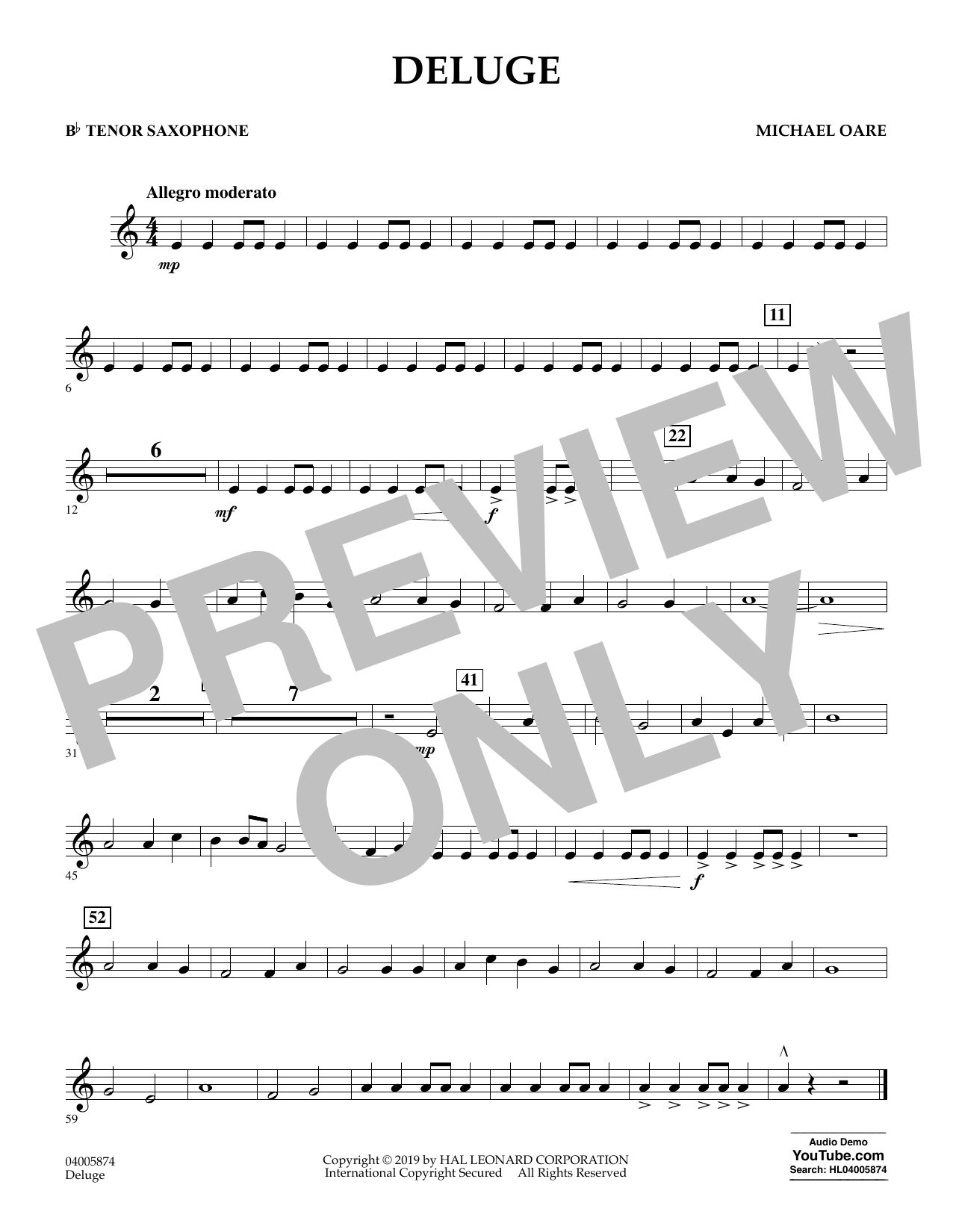Learn to play Michael Oare Deluge - Bb Tenor Saxophone sheet music for Concert Band in minutes. Michael Oare Deluge - Bb Tenor Saxophone sheet music preview music notes and score for Concert Band including 1 page(s)