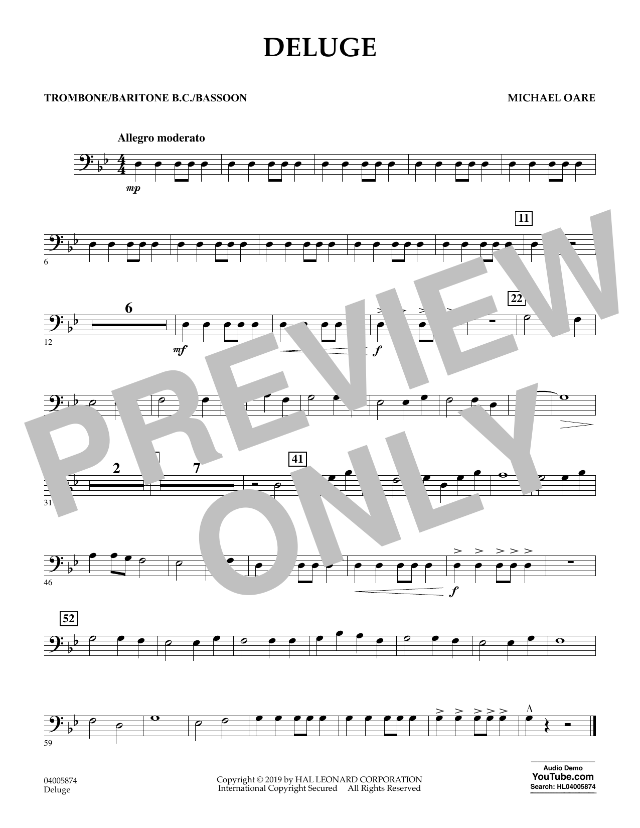 Learn to play Michael Oare Deluge - Trombone/Baritone B.C./Bassoon sheet music for Concert Band in minutes. Michael Oare Deluge - Trombone/Baritone B.C./Bassoon sheet music preview music notes and score for Concert Band including 1 page(s)