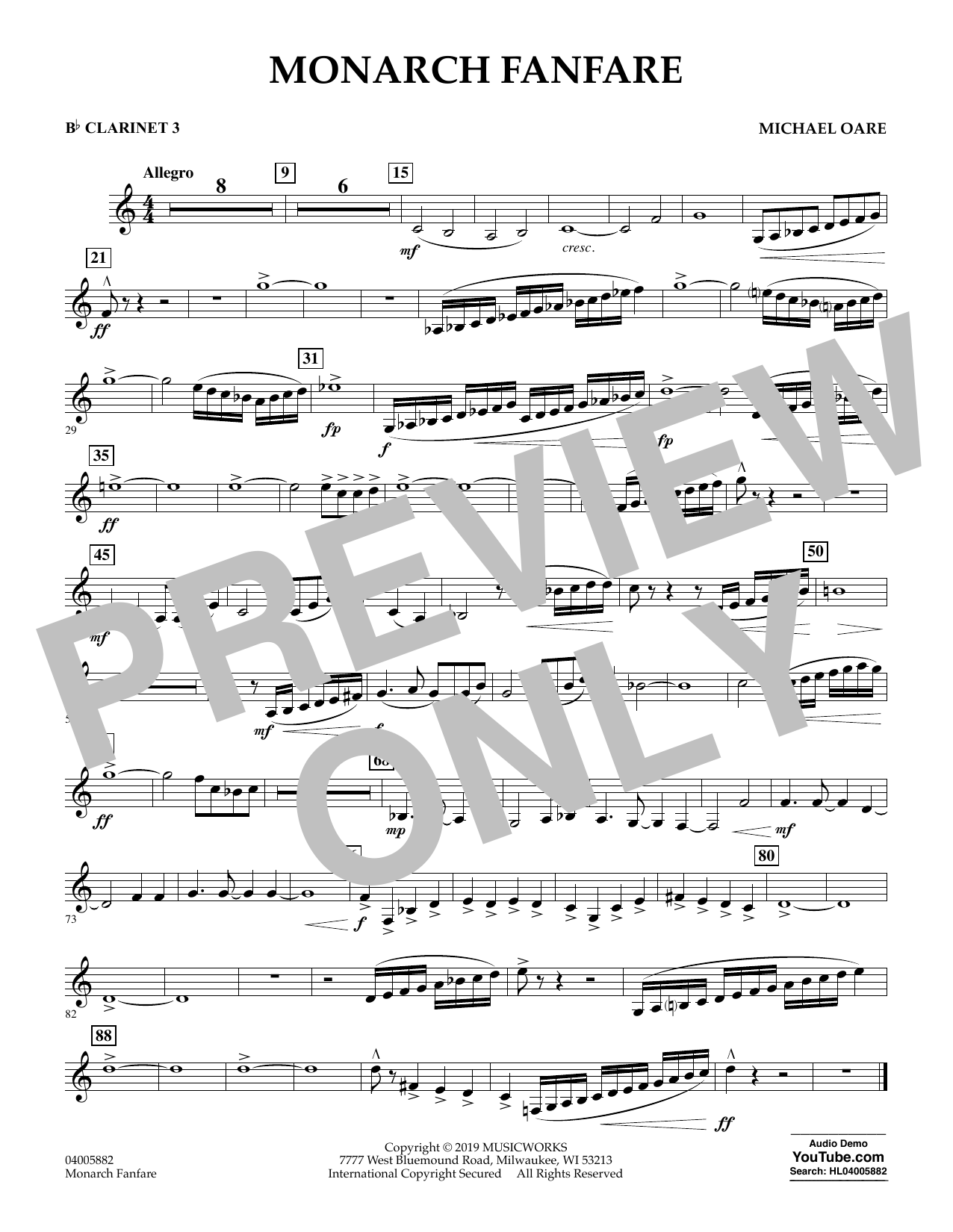 Learn to play Michael Oare Monarch Fanfare - Bb Clarinet 3 sheet music for Concert Band in minutes. Michael Oare Monarch Fanfare - Bb Clarinet 3 sheet music preview music notes and score for Concert Band including 1 page(s)