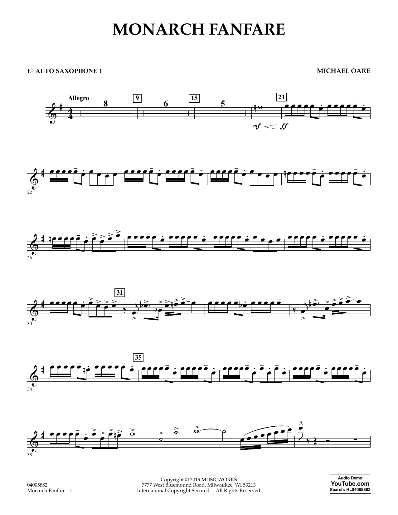 Learn to play Michael Oare Monarch Fanfare - Eb Alto Saxophone 1 sheet music for Concert Band in minutes. Michael Oare Monarch Fanfare - Eb Alto Saxophone 1 sheet music preview music notes and score for Concert Band including 2 page(s)