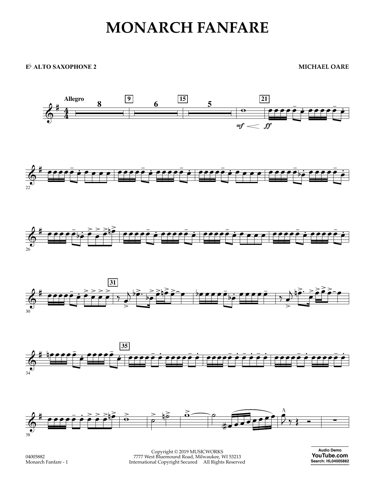 Learn to play Michael Oare Monarch Fanfare - Eb Alto Saxophone 2 sheet music for Concert Band in minutes. Michael Oare Monarch Fanfare - Eb Alto Saxophone 2 sheet music preview music notes and score for Concert Band including 2 page(s)