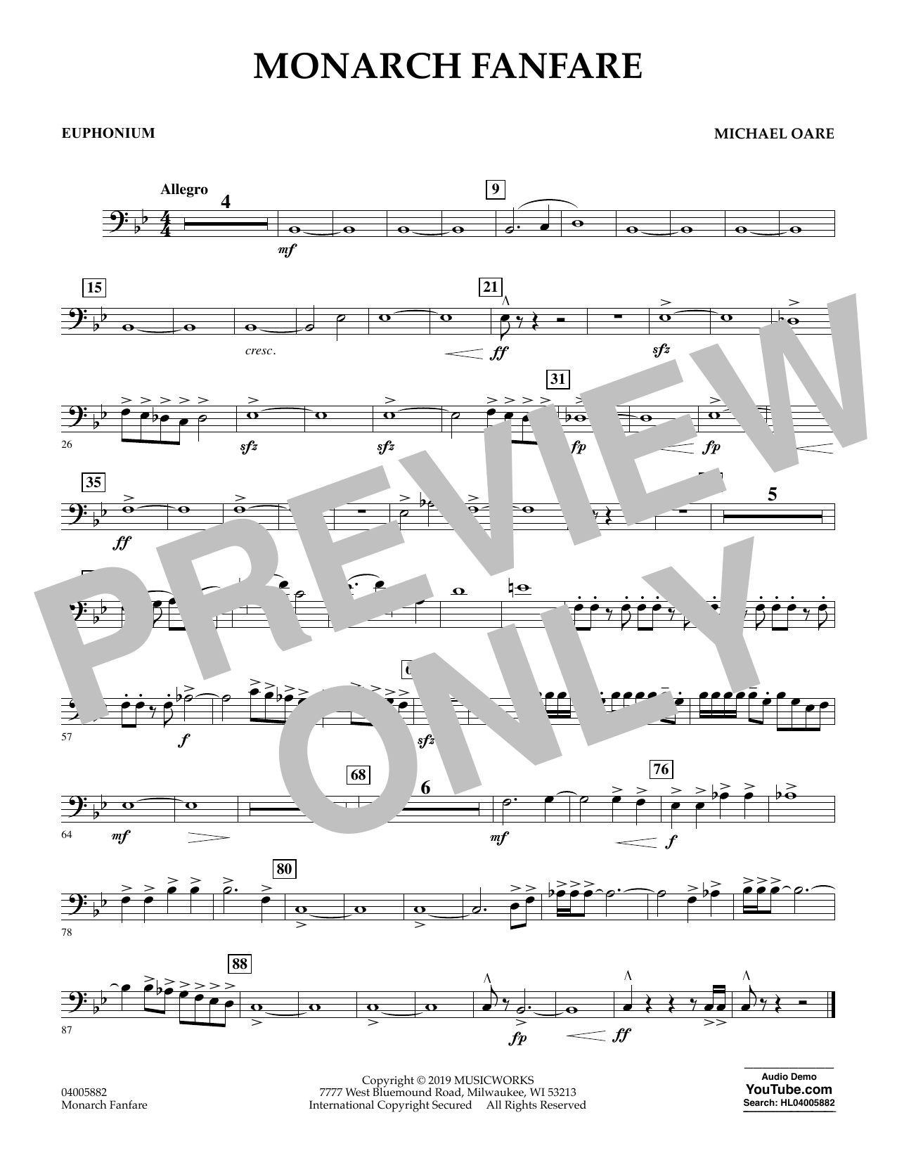 Learn to play Michael Oare Monarch Fanfare - Euphonium in Bass Clef sheet music for Concert Band in minutes. Michael Oare Monarch Fanfare - Euphonium in Bass Clef sheet music preview music notes and score for Concert Band including 1 page(s)