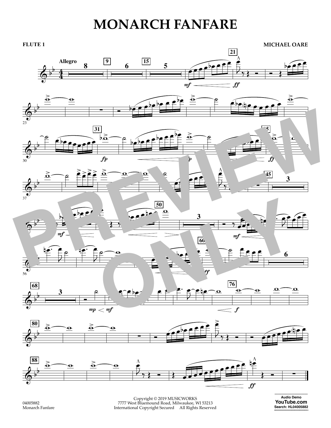 Learn to play Michael Oare Monarch Fanfare - Flute 1 sheet music for Concert Band in minutes. Michael Oare Monarch Fanfare - Flute 1 sheet music preview music notes and score for Concert Band including 1 page(s)