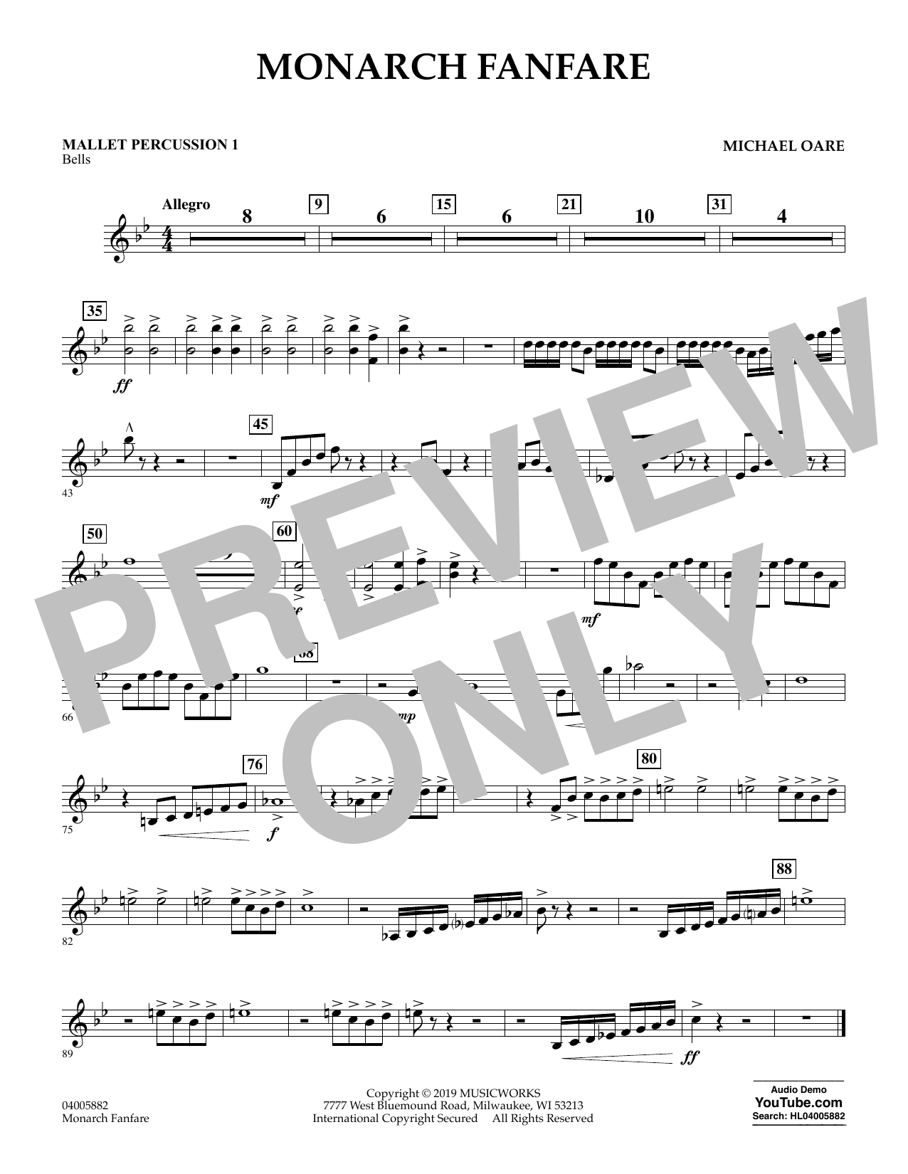 Learn to play Michael Oare Monarch Fanfare - Mallet Percussion 1 sheet music for Concert Band in minutes. Michael Oare Monarch Fanfare - Mallet Percussion 1 sheet music preview music notes and score for Concert Band including 1 page(s)