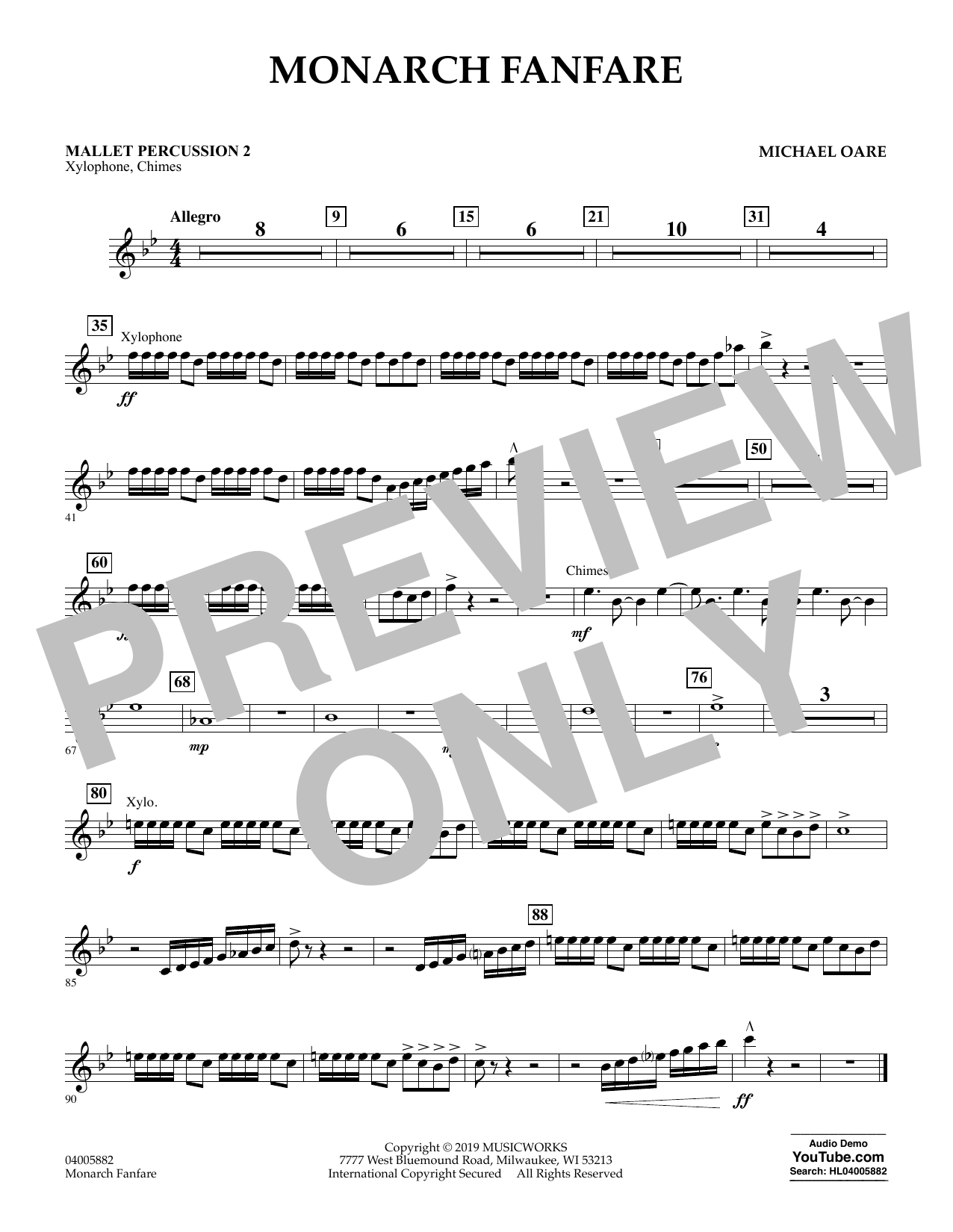 Learn to play Michael Oare Monarch Fanfare - Mallet Percussion 2 sheet music for Concert Band in minutes. Michael Oare Monarch Fanfare - Mallet Percussion 2 sheet music preview music notes and score for Concert Band including 1 page(s)