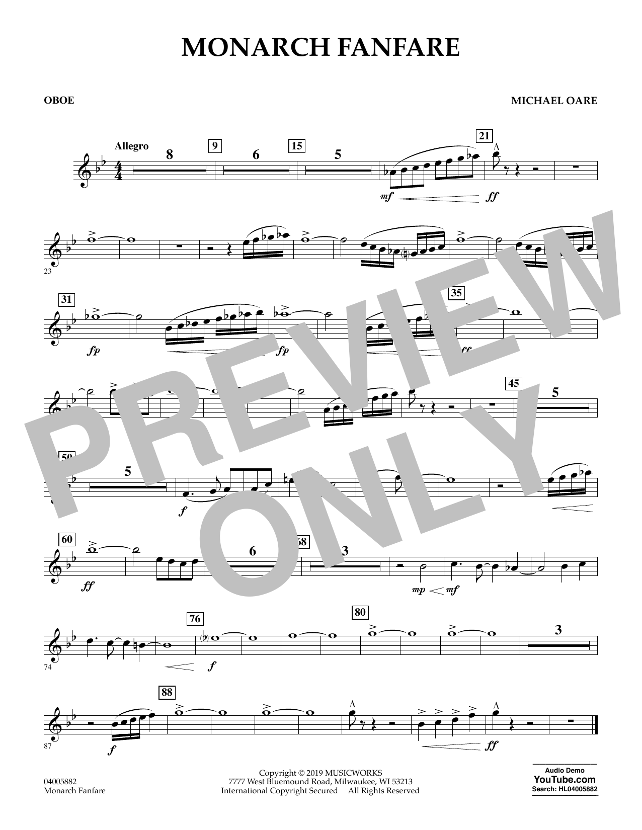Learn to play Michael Oare Monarch Fanfare - Oboe sheet music for Concert Band in minutes. Michael Oare Monarch Fanfare - Oboe sheet music preview music notes and score for Concert Band including 1 page(s)